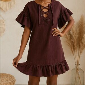 Ulla Johnson Marianne Lace Up Oversize Linen Blend Mini Dress in Burgundy